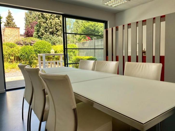 Tafel in glas en staal, Huis en Inrichting, Tafels | Eettafels, Zo goed als nieuw, 50 tot 100 cm, 200 cm of meer, Vijf personen of meer