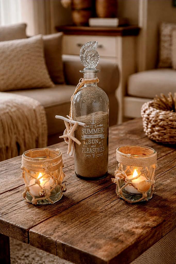 Landelijke zee-decoratie set , fles met zand & 2 windlichten, Maison & Meubles, Accessoires pour la Maison | Autre, Enlèvement