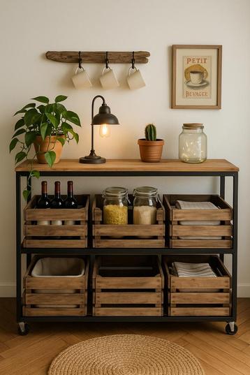 Vintage opbergrek  met houten kisten beschikbaar voor biedingen
