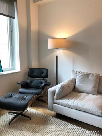 Fauteuil Lounge et Ottoman en Cuir Pleine Fleur Noir, Bois d beschikbaar voor biedingen
