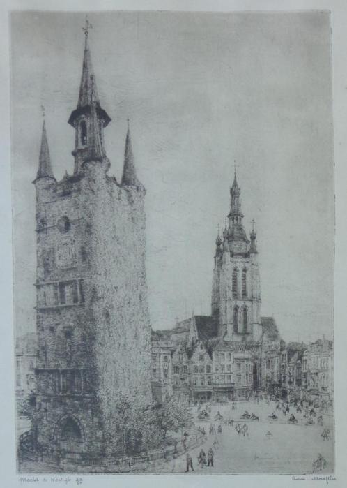 ROMAIN MALFLIET / MARKT KORTRIJK / ZW-W ETS / 69x53cm KADER, Antiek en Kunst, Kunst | Litho's en Zeefdrukken, Ophalen of Verzenden