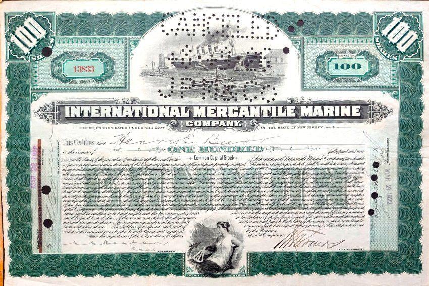 International (TITANIC) Mercantile Marine Company 1922, Ophalen of Verzenden, 1920 tot 1950, Certificaat van aandeel