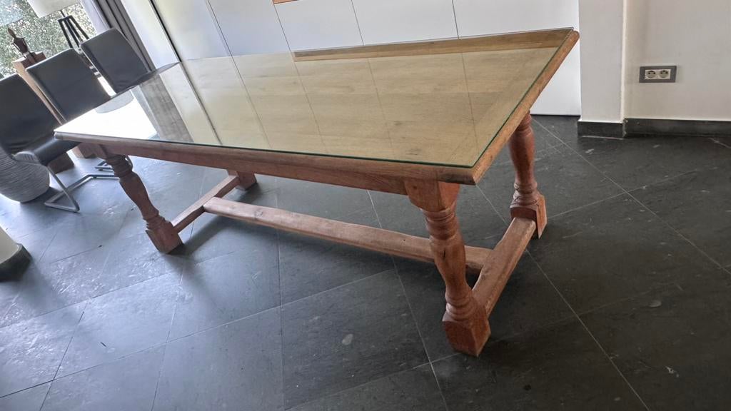 Robuuste eiken eettafel (met glazen afdekplaat- optioneel), 75 cm ou plus, 200 cm ou plus, Comme neuf, Enlèvement