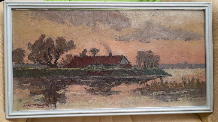 schilderij, O/d, landschap, A Steenacker, Antiek en Kunst, Kunst | Schilderijen | Klassiek, Ophalen of Verzenden