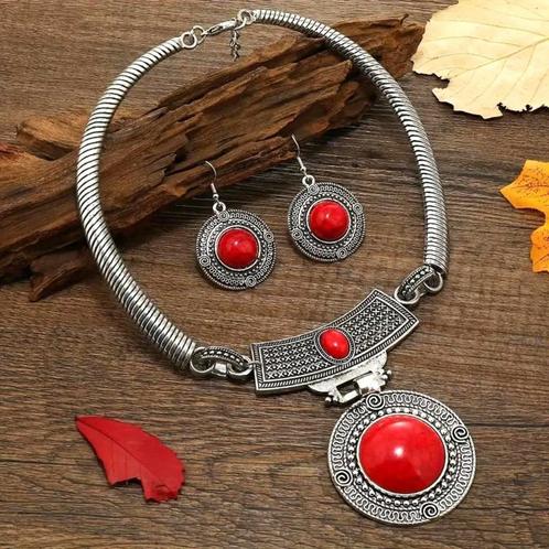 SALE: Sieradenset met rode stenen 07014Set2, Handtassen en Accessoires, Kettingen, Rood, Met hanger, Verstelbaar, Verzenden