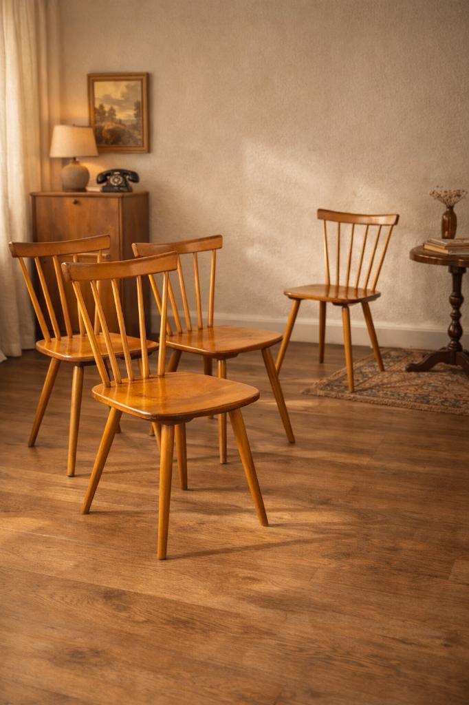 Prachtige set vintage spijlenstoelen (5), Huis en Inrichting, Stoelen, Gebruikt, Vijf, Zes of meer stoelen, Hout, Bruin, Ophalen of Verzenden