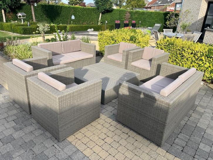 Dubbele LOUNGESET Wicker met tafels en kussens, Tuin en Terras, Tuinsets en Loungesets, Gebruikt, Loungeset, Wicker, 8 zitplaatsen