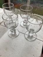 4 vintage geëtste wijnglazen, Verzamelen, Ophalen, Gebruikt, Overige typen