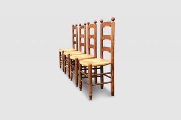 Rustic oak wicker dining chairs Georges Robert France 1960s beschikbaar voor biedingen