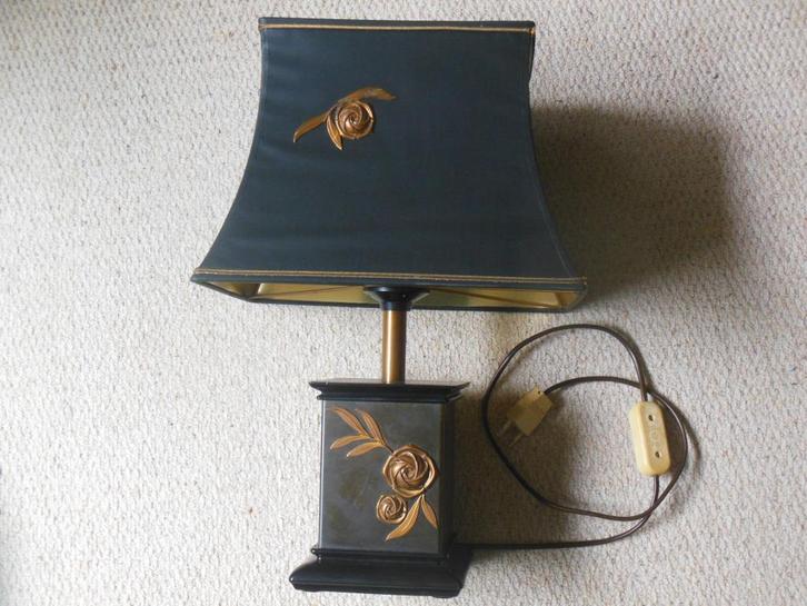 Brocante vierkante schemerlamp/tafellamp - zwart/goud - roos, Antiek en Kunst, Curiosa en Brocante, Ophalen of Verzenden