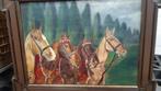 schilderij met paarden op houten canvas getekend 53 cm op 43, Antiek en Kunst, Kunst | Schilderijen | Klassiek, Ophalen of Verzenden