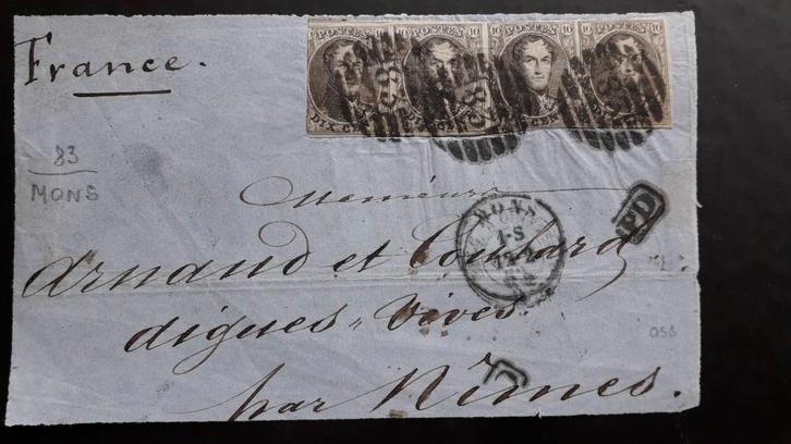 4 postzegels op envelop België van Léopold I - 1862, Postzegels en Munten, Postzegels | Europa | België, Gestempeld, Frankeerzegel