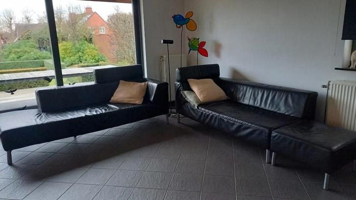 Zwarte leren zetels, Huis en Inrichting, Zetels | Complete zithoeken, Gebruikt, Leer, Ophalen