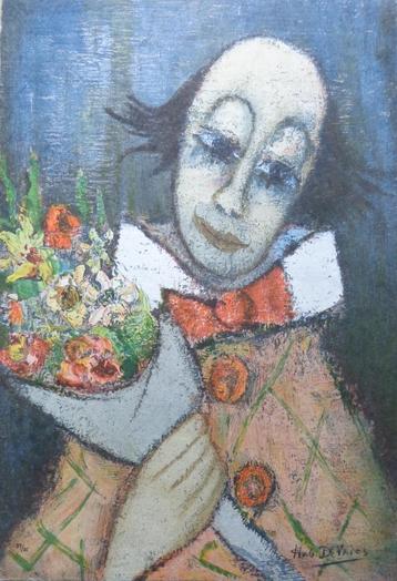 HUBERT DE VRIES / CLOWN MET BLOEMEN / KLEURLITHO / 56x38cm beschikbaar voor biedingen