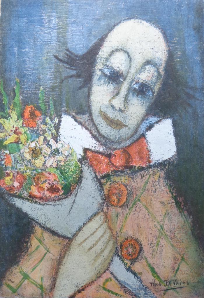 HUBERT DE VRIES / CLOWN MET BLOEMEN / KLEURLITHO / 56x38cm, Antiek en Kunst, Kunst | Litho's en Zeefdrukken, Ophalen of Verzenden