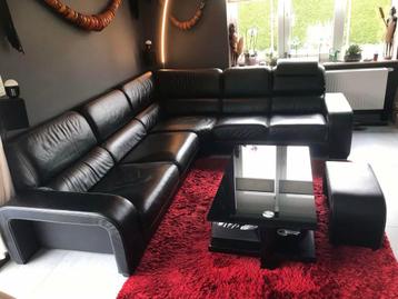 Magnifique Salon véritable cuir noir de qualité +Table/pouf♥ beschikbaar voor biedingen