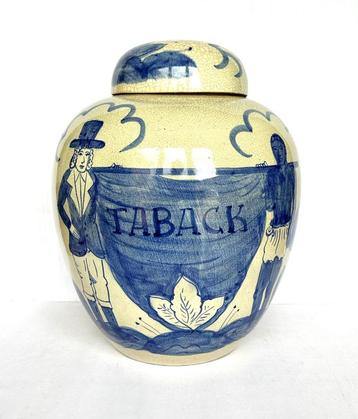 Oude grote aardewerk taback pot dekselpot tabak blauw wit