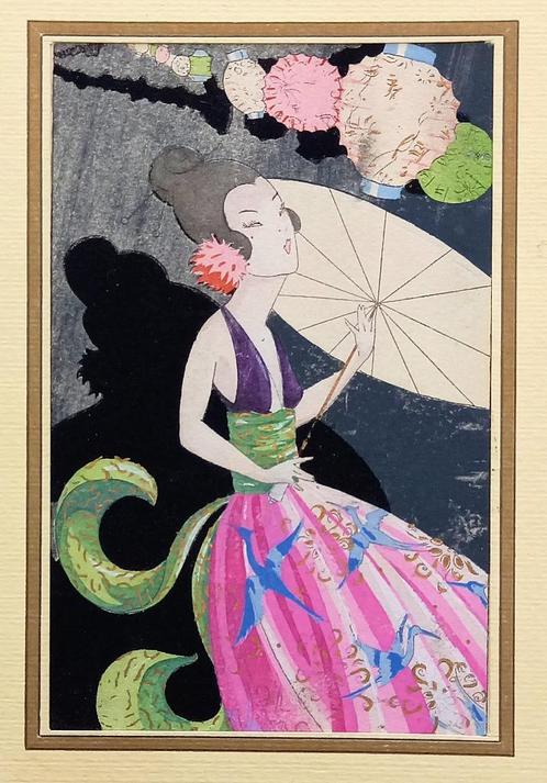 Art deco prent pochoir gekleurd Japanse dame met parasol, Antiquités & Art, Art | Eaux-fortes & Gravures, Enlèvement ou Envoi
