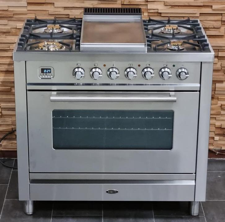 🔥Luxe Fornuis Boretti 90 cm rvs + rvs 5 pits frytop 1 oven, Elektronische apparatuur, Fornuizen, Zo goed als nieuw, Vrijstaand