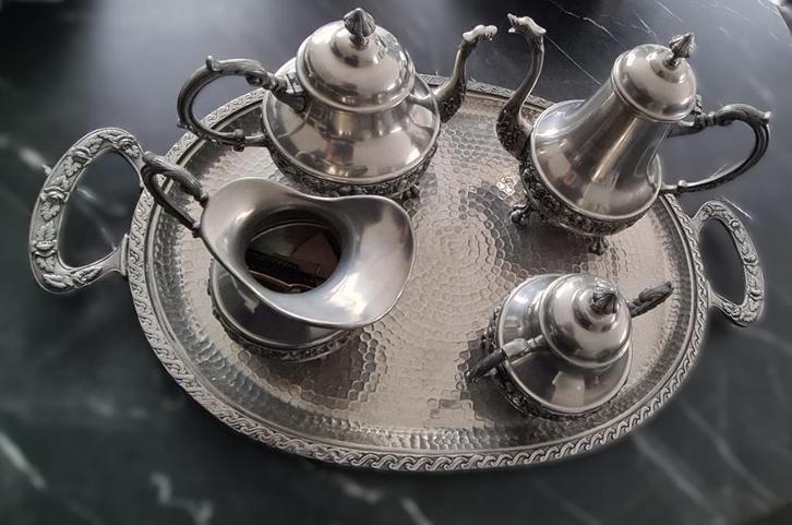 tinnen koffie/thee set op dienblad, Antiek en Kunst, Antiek | Tin, Ophalen