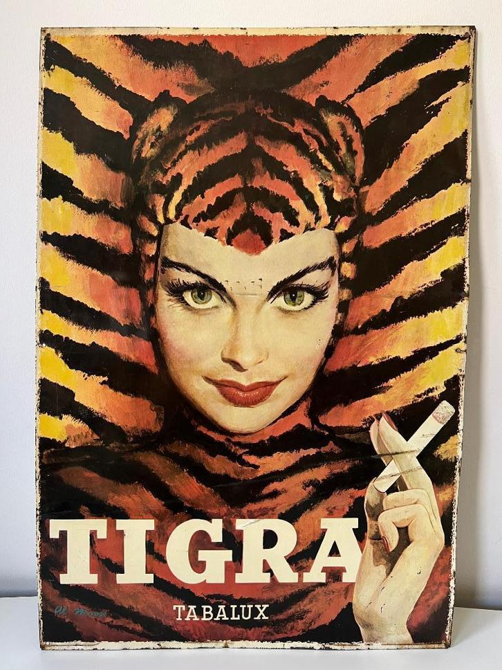 Tigra Sigaretten Tabalux reclame poster blik metaal 1960s, Verzamelen, Merken en Reclamevoorwerpen, Ophalen of Verzenden
