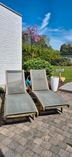 2 ligbedden in teak met textiel - regio Aalter, Tuin en Terras, Ligbedden, Ophalen, Gebruikt