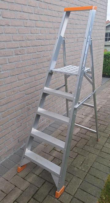 Professionele aluminium trapladder met materiaalbakje.