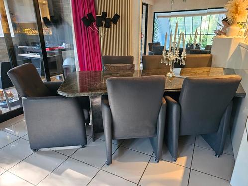 6 lederen fauteuils voor de eetkamer, Huis en Inrichting, Stoelen, Gebruikt, Vijf, Zes of meer stoelen, Leer, Grijs, Ophalen