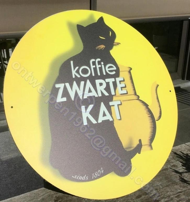 Koffie ZWARTE KAT retro ontwerp op dubbel metaal diameter 60, Verzamelen, Merken en Reclamevoorwerpen, Zo goed als nieuw, Reclamebord