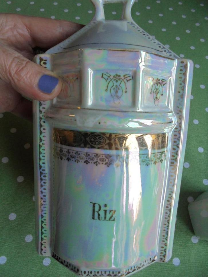 Antieke porseleinen voorraadpot "Riz" en kleine pot "muscade, Antiek en Kunst, Curiosa en Brocante, Ophalen of Verzenden