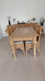 Grenen eettafel en 6 rieten stoelen, Huis en Inrichting, Tafels | Eettafels, Ophalen, Gebruikt, 50 tot 100 cm, Landelijk