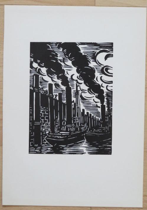 Houtsnede Frans Masereel: De Boel-scheepswerf te Temse, Antiek en Kunst, Kunst | Etsen en Gravures, Ophalen of Verzenden