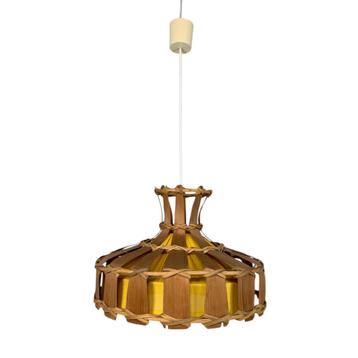 Vintage hanglamp met kap van rotan, palmblad en stof, jaren  beschikbaar voor biedingen
