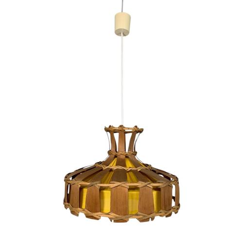 Vintage hanglamp met kap van rotan, palmblad en stof, jaren, Antiek en Kunst, Antiek | Verlichting, Verzenden