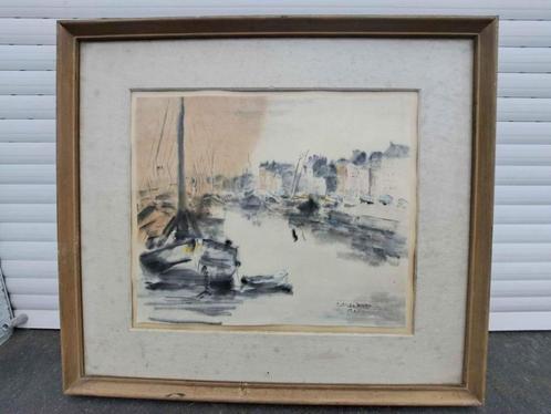 Aquarelle vue du port signe hara katsuro 1931, Antiek en Kunst, Kunst | Schilderijen | Klassiek, Ophalen of Verzenden