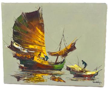 Oud Kleurijk Schilderij met Chinese Boten, Ophalen of Verzenden