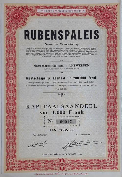 Rubenspaleis - antwerpen -  kapitaalsaandeel - 1951, Postzegels en Munten, Aandelen en Waardepapieren, Aandeel, 1950 tot 1970