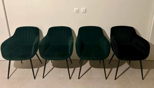 4 eetkamerstoelen velours stof donker groen + zwart, Huis en Inrichting, Stoelen, Zo goed als nieuw, Vier, Stof, Overige kleuren