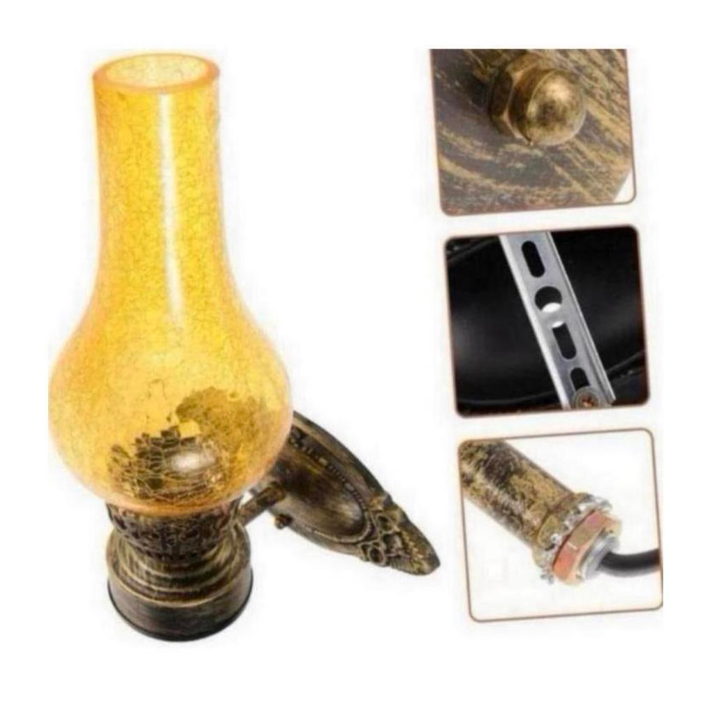 Wandlamp Industrieel olie-lamp lantaarn geel glas antiek set, Huis en Inrichting, Lampen | Wandlampen, Nieuw, Glas, Metaal, Ophalen of Verzenden