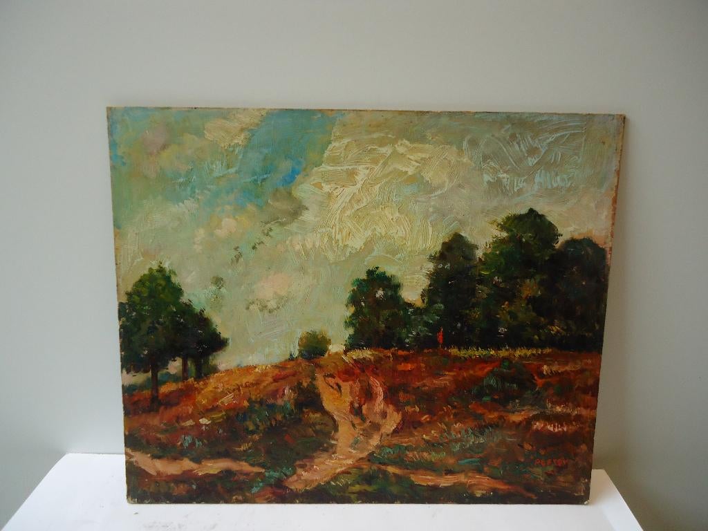 olieverf paneeltje Landschap gesigneerd PLESSY ca 1920/'30, Antiek en Kunst, Ophalen of Verzenden