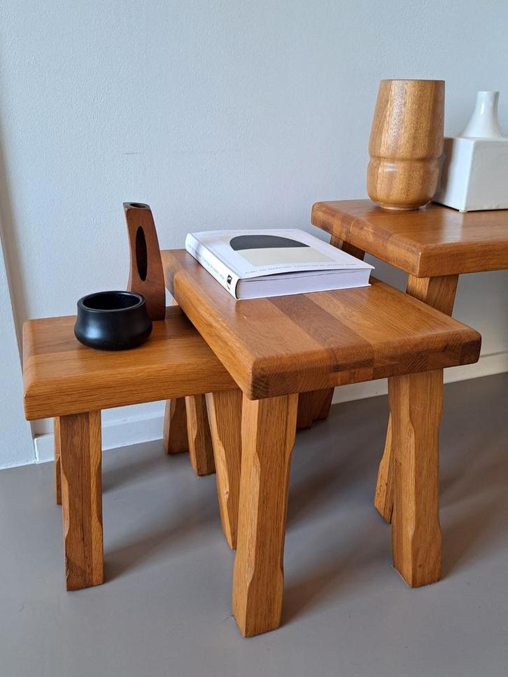 Vintage mimiset eikenhouten bijzettafeltjes, Huis en Inrichting, Krukjes, Ophalen
