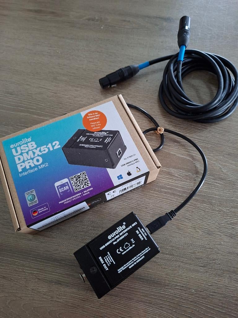 Eurolite USB-DMX512 PRO (USB  DMX interface) + DMX-kabel 3m, Ophalen of Verzenden, Zo goed als nieuw, Laser
