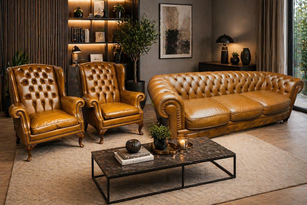 Ensemble Salon Chesterfield 5 Places Prestige Authenticité, Maison & Meubles, Enlèvement, Comme neuf, Cuir