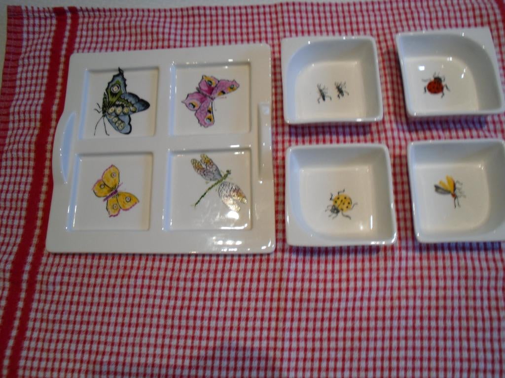 Plateau à apéritif de 22 cm/ 22 cm. Avec 4 petits raviers., Ophalen, Nieuw, Kom(men)