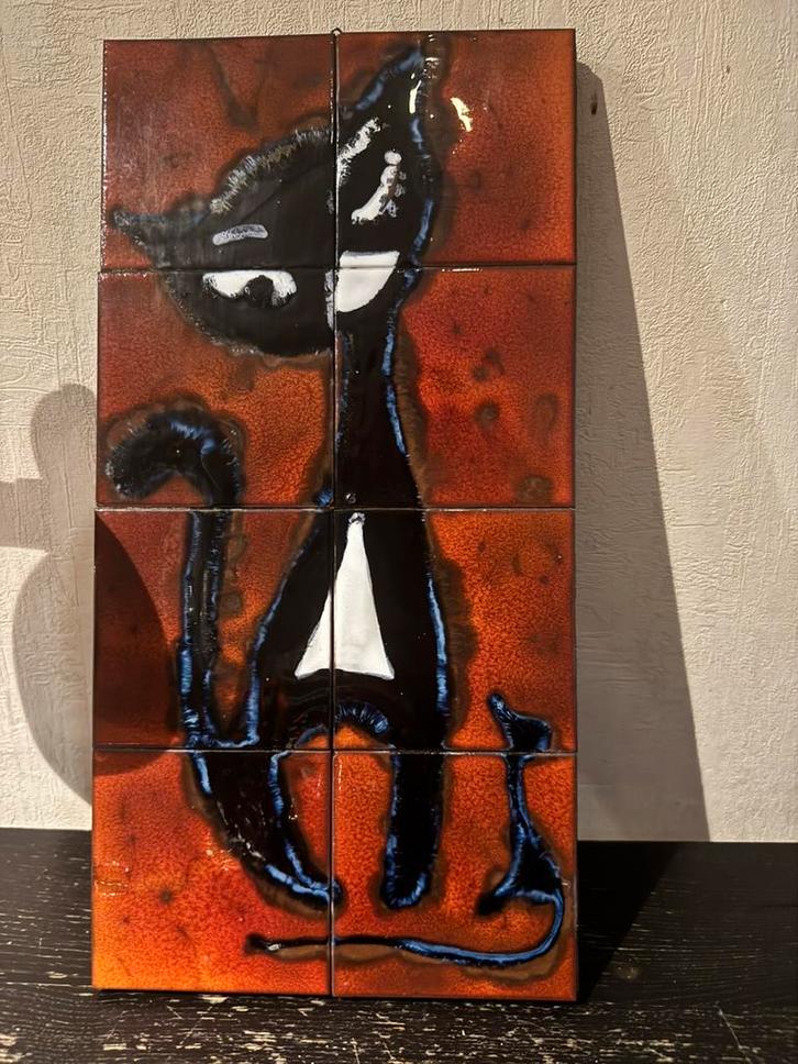 Vintage tegelpaneel kat – keramische wanddecoratie jaren 70, Antiquités & Art, Art | Peinture | Abstraite, Enlèvement