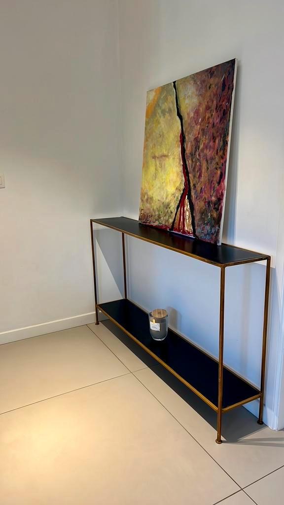 Console d’entrée métal noir et doré double plateau, Huis en Inrichting, Tafels | Bijzettafels, Zo goed als nieuw, Ophalen