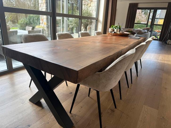 Boomstamtafel +-3.30mx 1.15m x 12 cm met zwart X onderstel, Huis en Inrichting, Tafels | Eettafels, Zo goed als nieuw, Ophalen