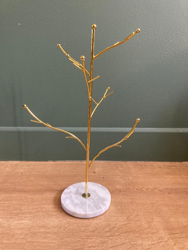 Arbre à bijoux doré avec socle en marbre – 33cm, Enlèvement ou Envoi, Moderne, Utilisé, Métal