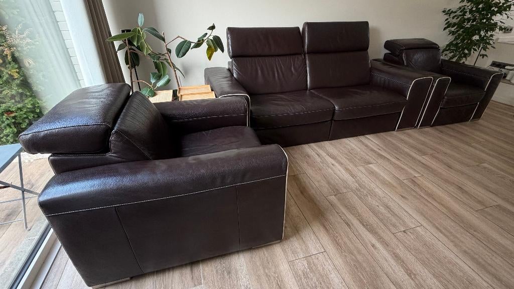 Natuzzi leren relaxbank + 2 fauteuils — uitstekende staat, Ophalen, Gebruikt, Leer, Rechte bank