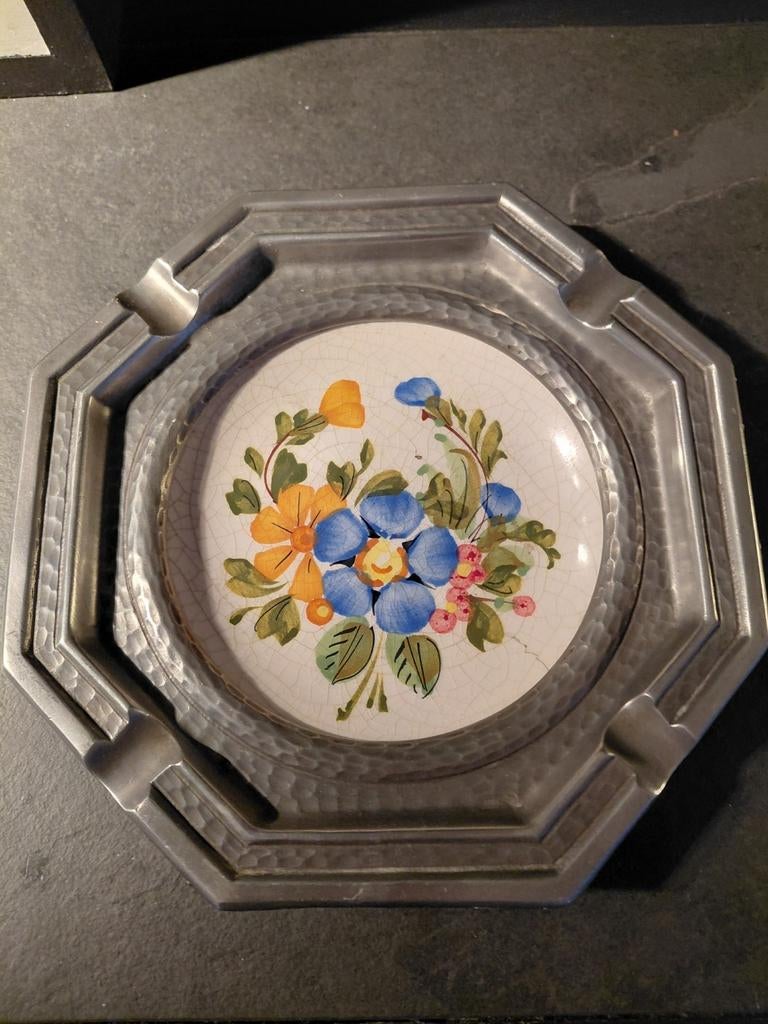 Antieke asbak van tin en aardewerk, Antiek en Kunst, Antiek | Tin, Ophalen of Verzenden